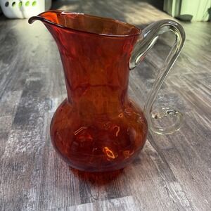 Vintage MCM Amberina Hand Blown Art Glass Pitcher with Clear Handle